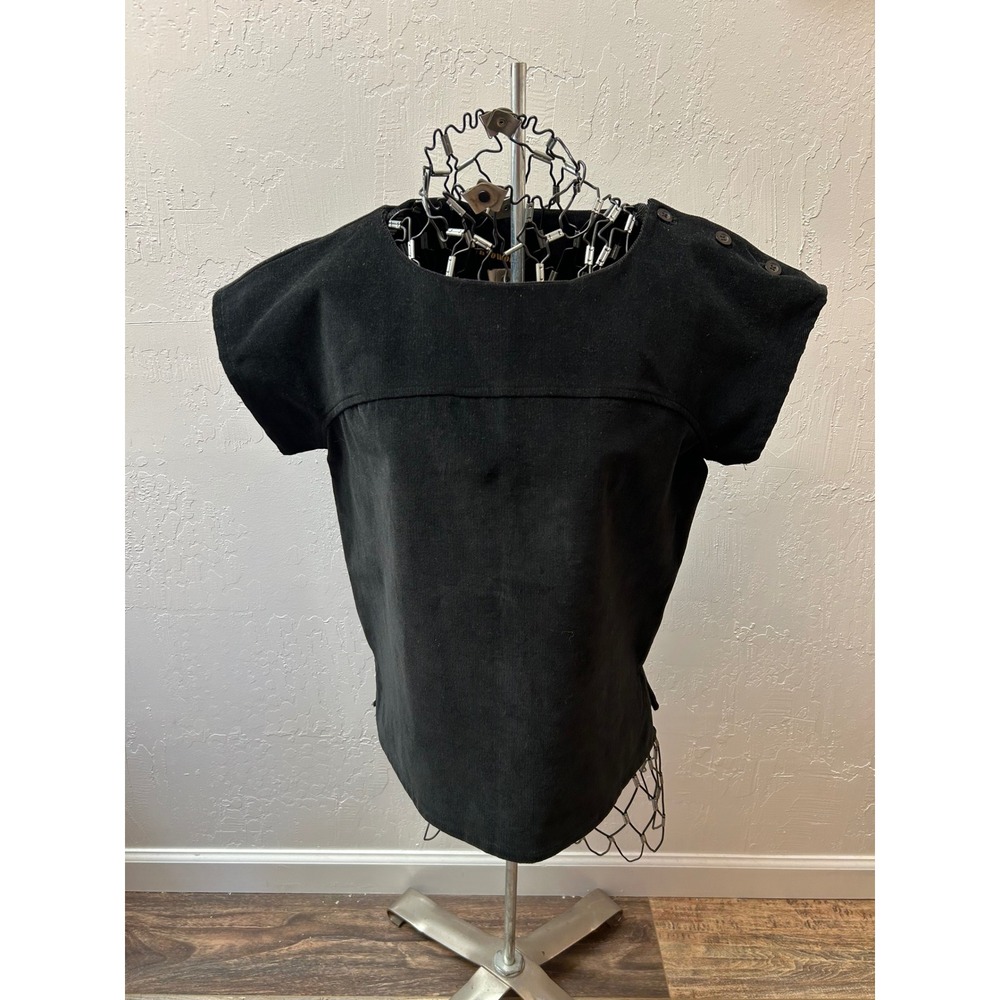 Nooworks Womens Small Black Corduroy Short Sleeve Button Shoulder Top